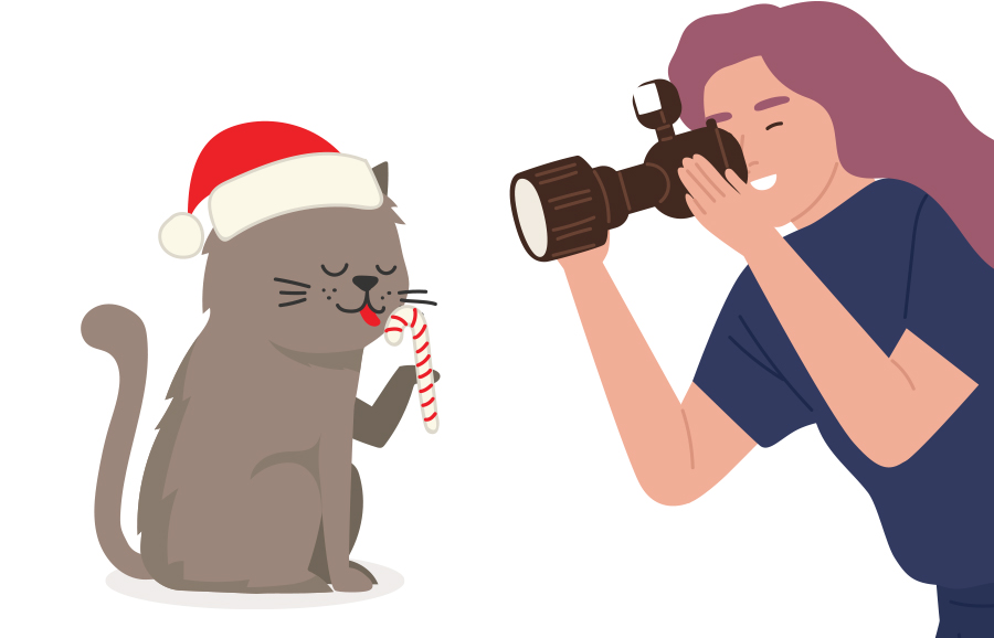 illustration of woman taking a photo of a cat licking a candy cane with a santa hat on
