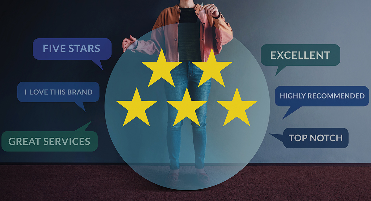 woman with 5 stars and good rating keywords in front of her