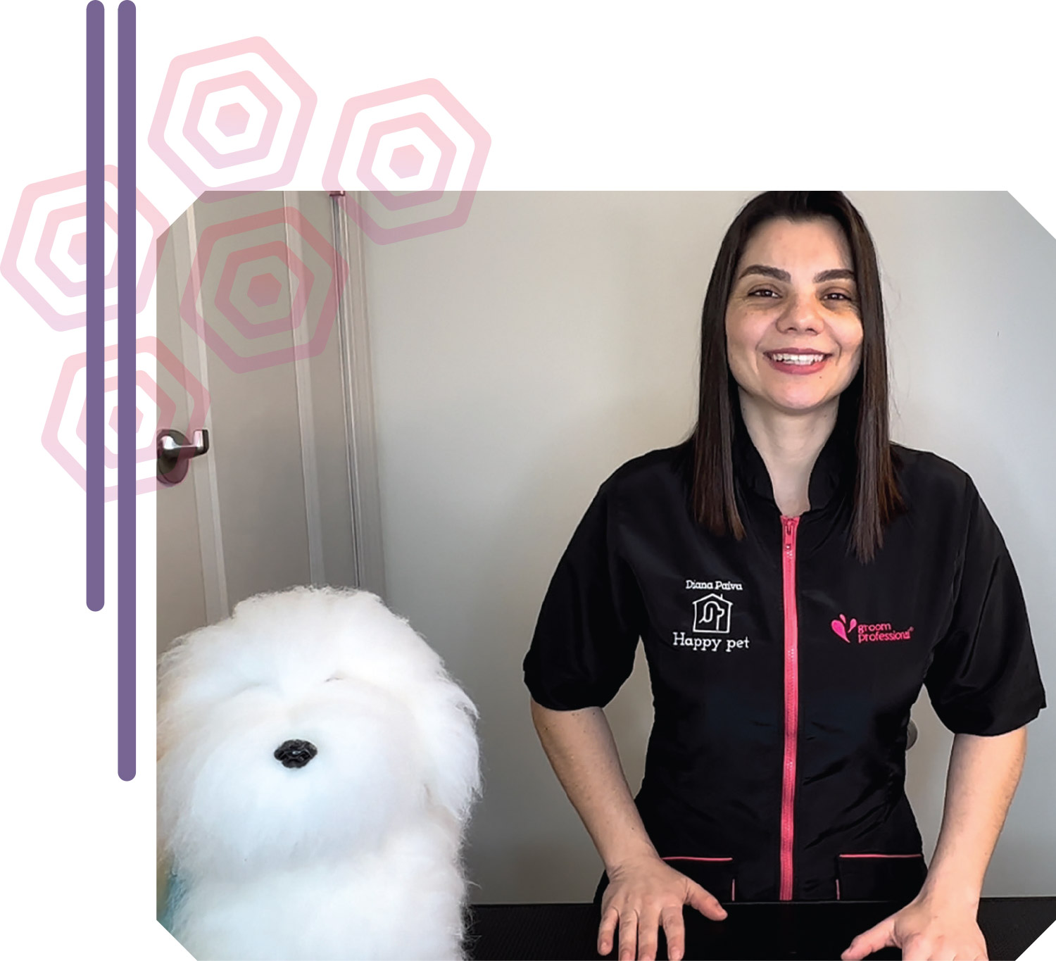 Diana Paiva smiles wearing her groomer's uniform in a snapshot from one of her training videos