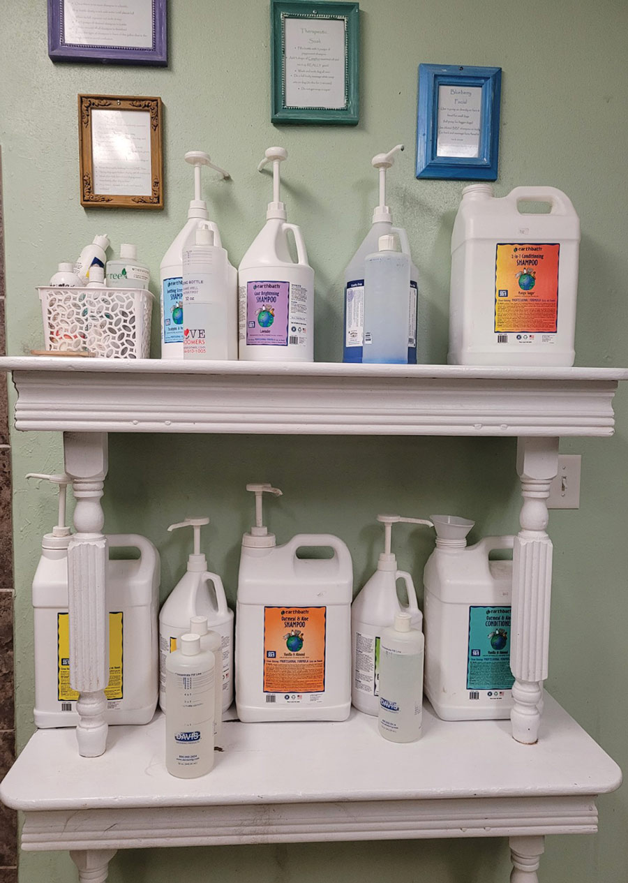 shelf at a groomers office with different bottles of soap