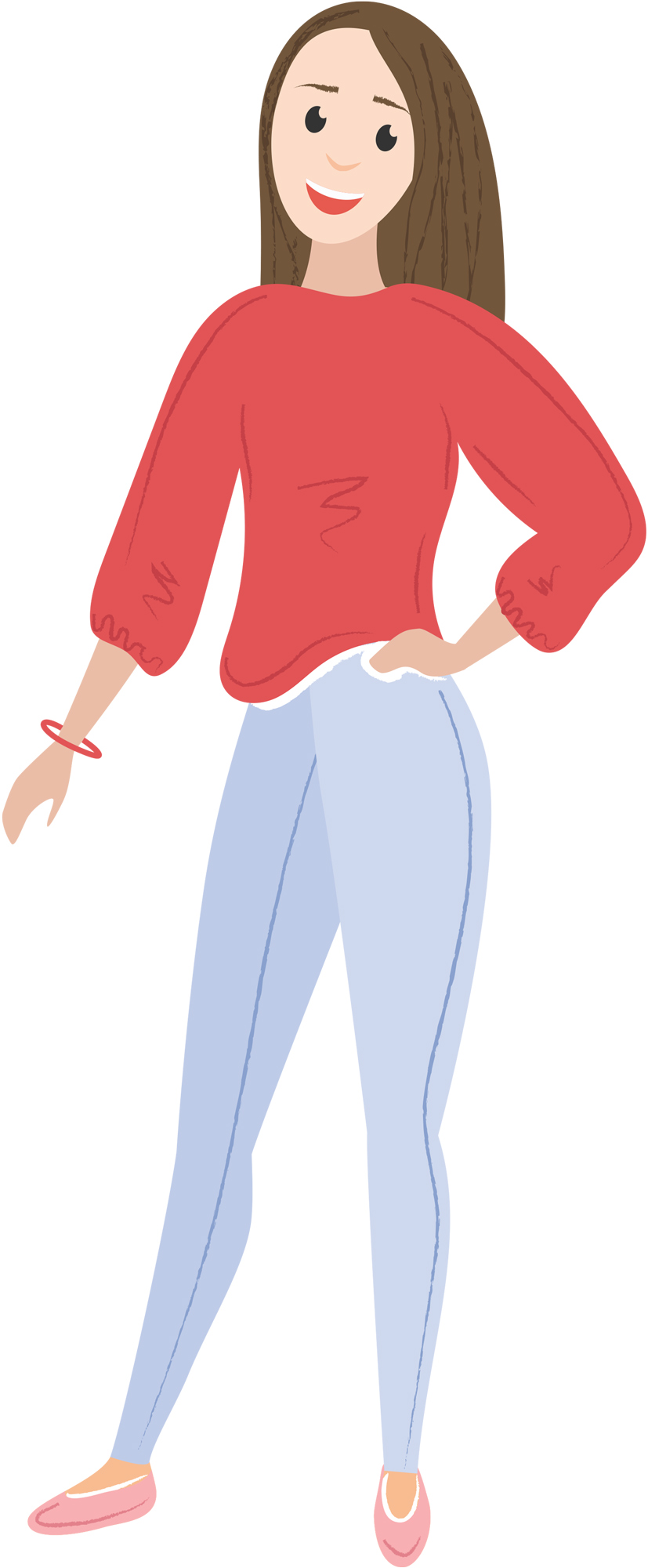 illustration of a woman wearing a red shirt and jeans with one hand on the hip