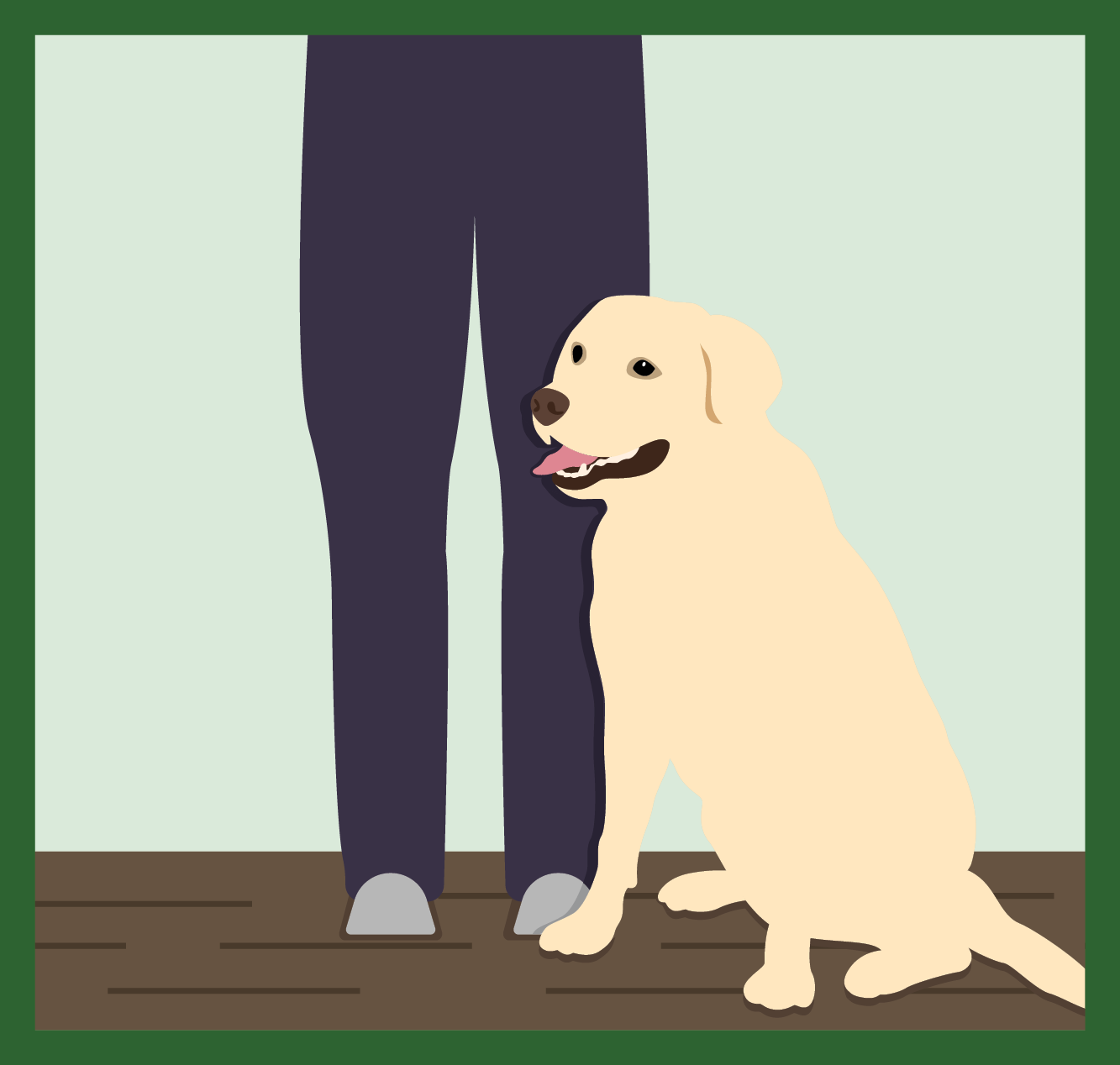 Illustration of golden retriever standing at the fee of a person