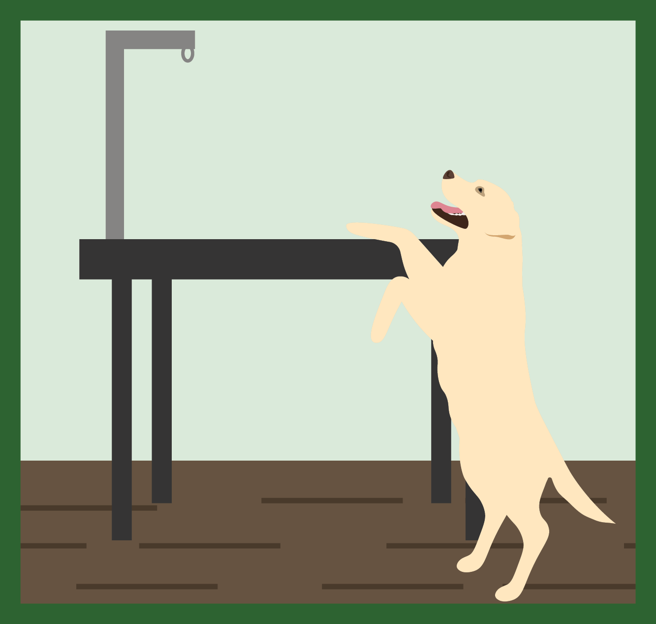Illustration of a golden retriever on it's hind legs at a grooming table