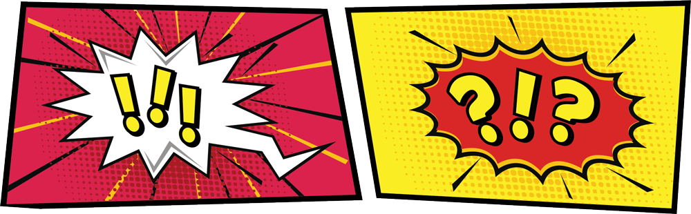 exclamation marks in red comic style box