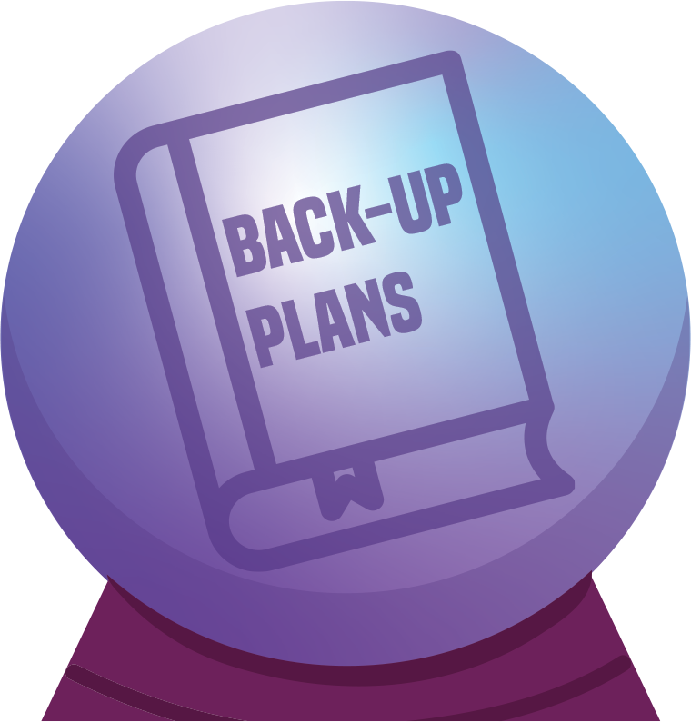 illustration of crystal ball with outline of a book stating "Back-Up Plans"