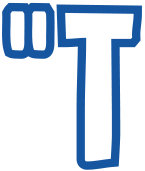 Uppercase letter T dropcap with quotation mark before letter white/blue stroke outline