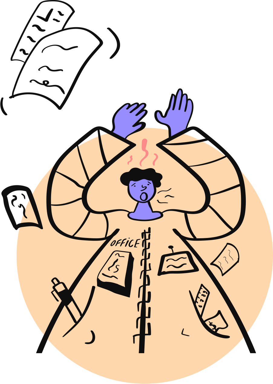 illustration of employee struggling to keep floating papers organized