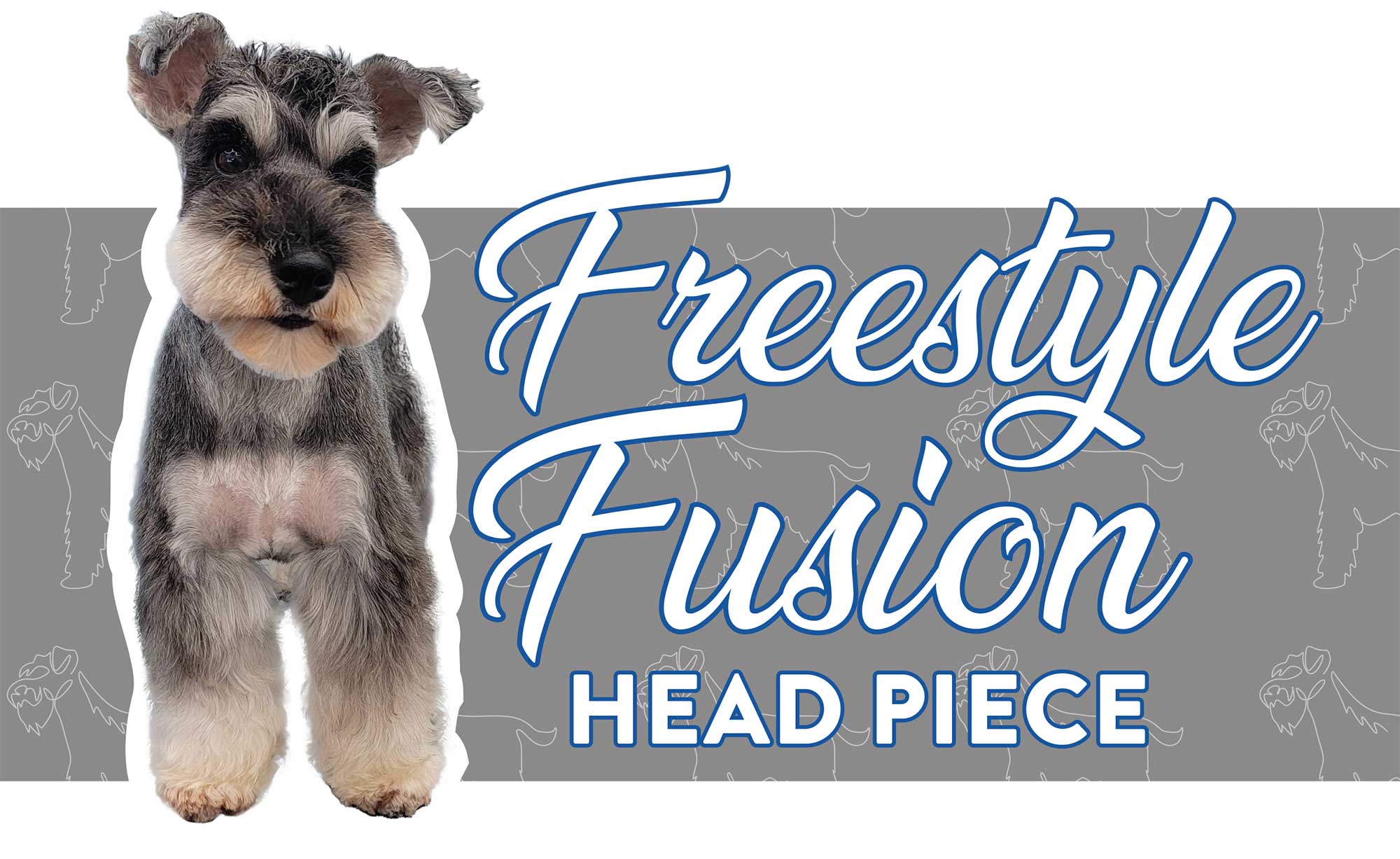 Freestyle Fusion Head Piece blue/white typographic title with grey/white Terrier dog next to it & dog silhouette pattern style overlayed on a grey banner underneath title