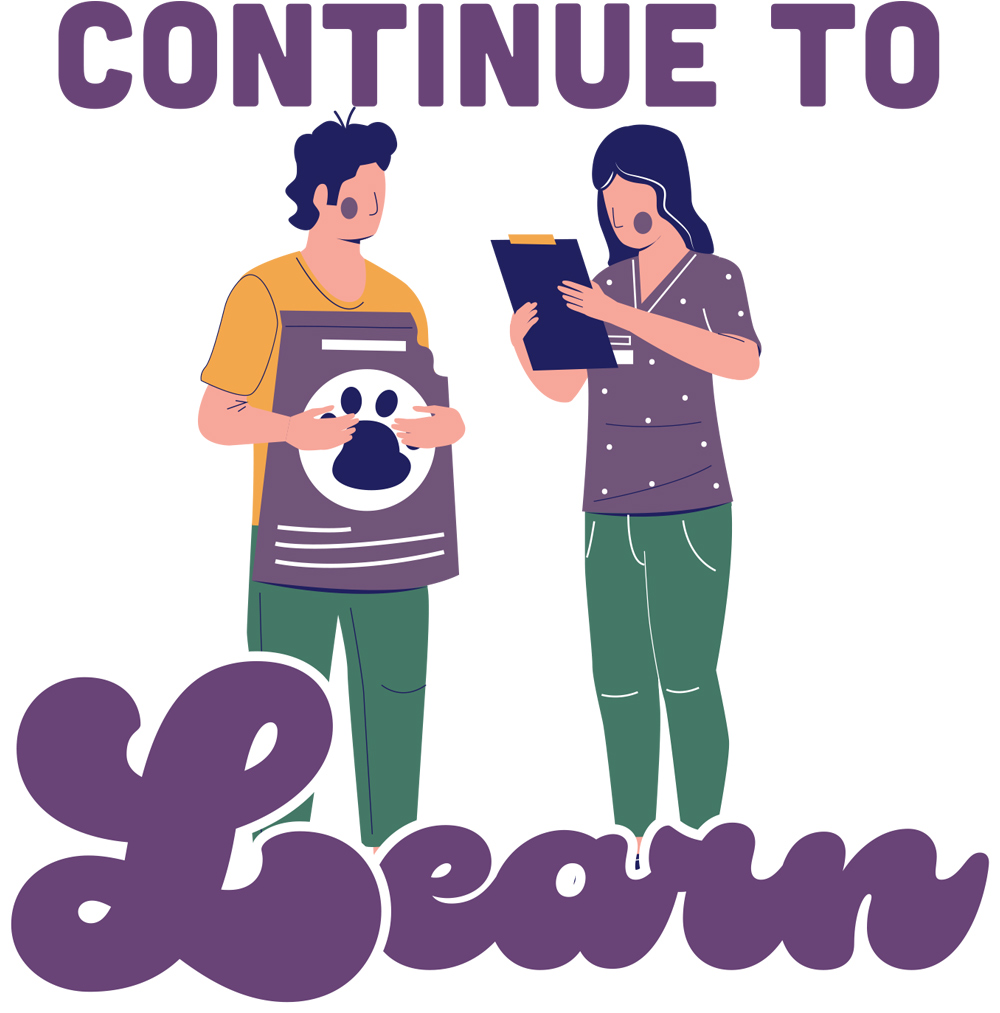"Continue to Learn" "Continue to Learn"; minimalist illustration of a two figures, the man holds an open bag of dog food while standing beside a woman holding a clipboard