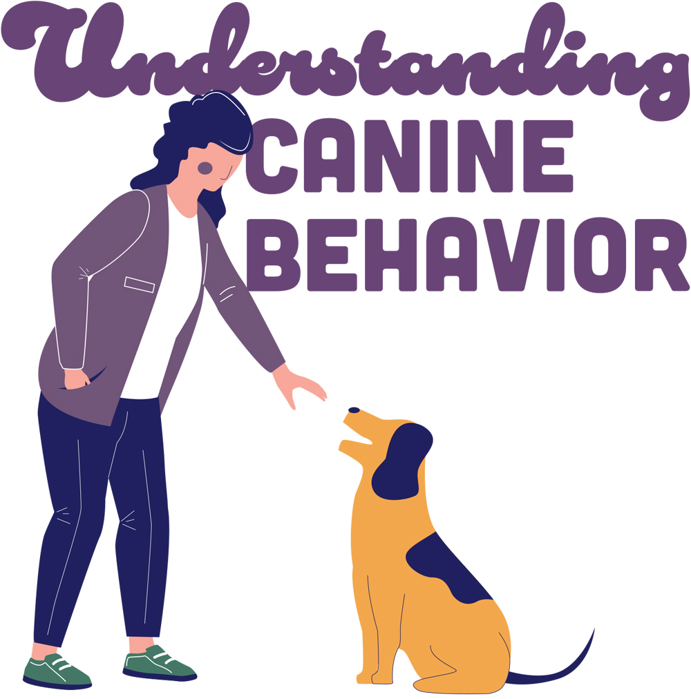 "Understanding Canine Behavior" "Understanding Canine Behavior"; minimalist illustration of a figure wearing a sweater and jeans and reaching their hand out to a large breed dog that sits with its mouth open