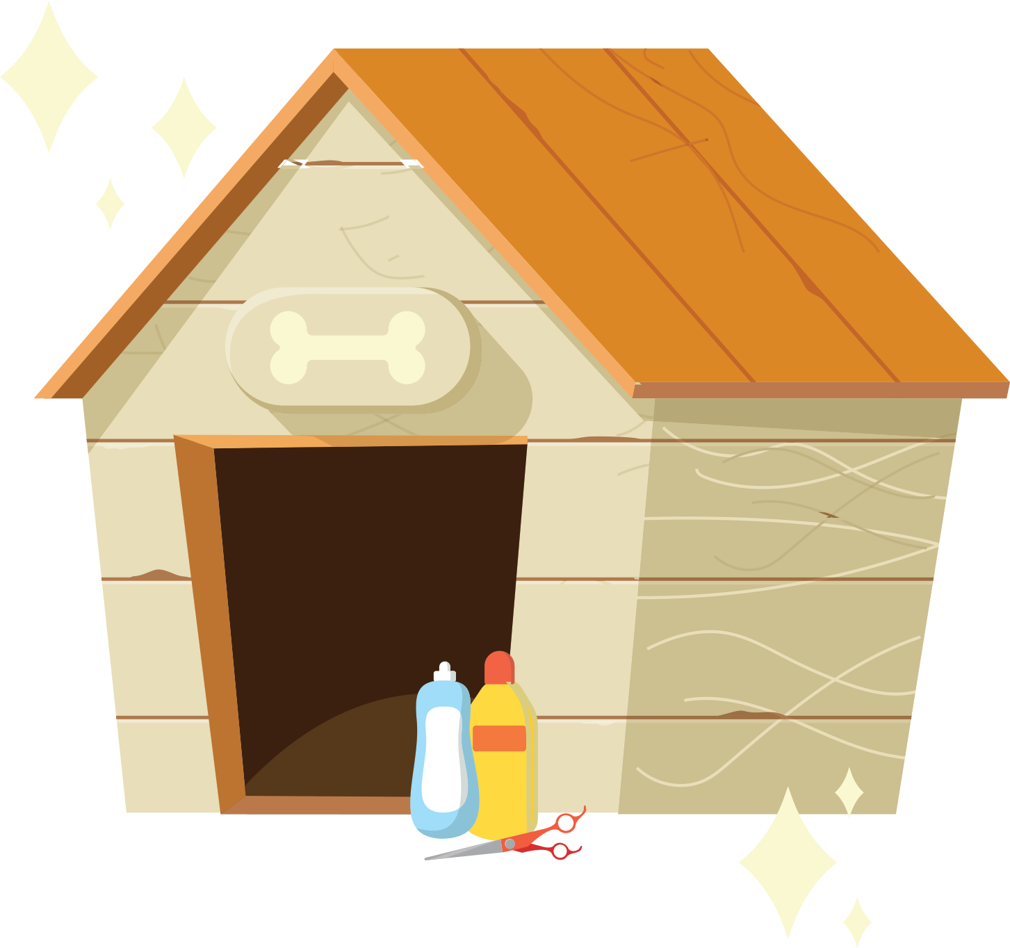 Illustrated dog house with cleaning supplies and scissors next to it