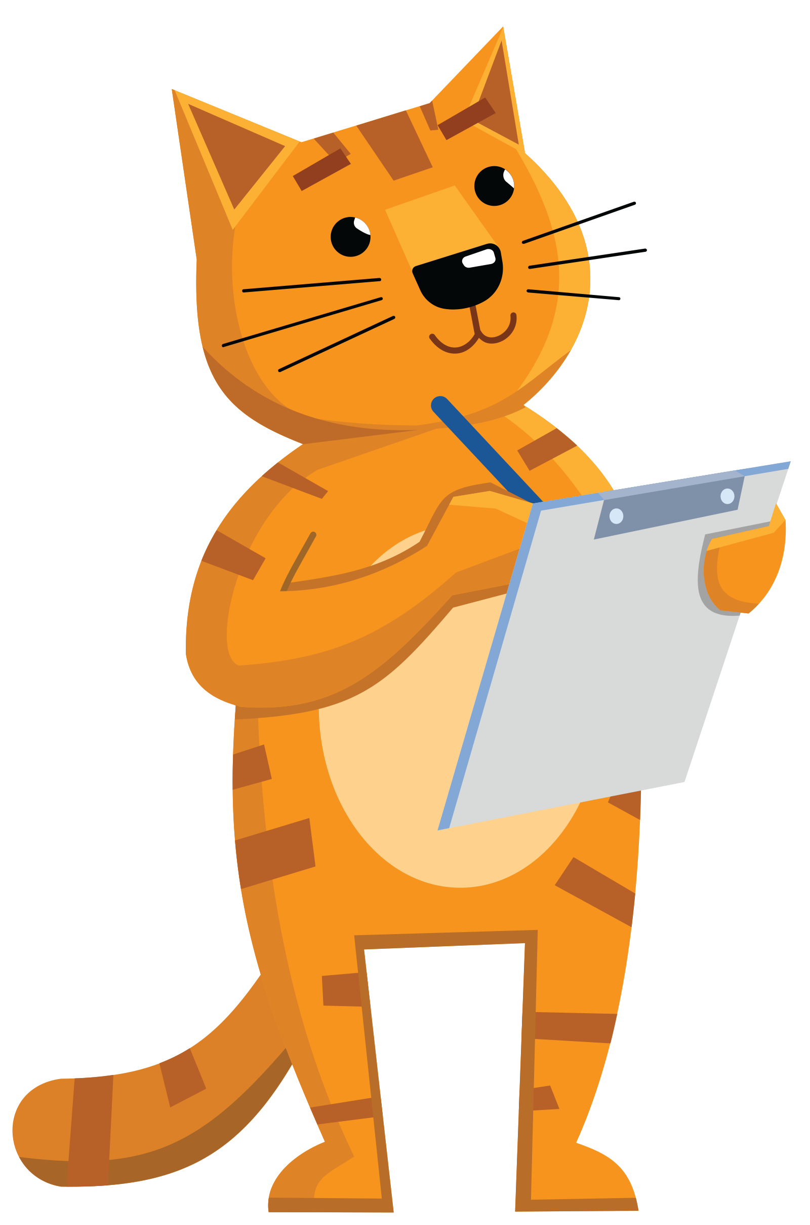 Cartoon of an orange tabby cat writing on a clipboard