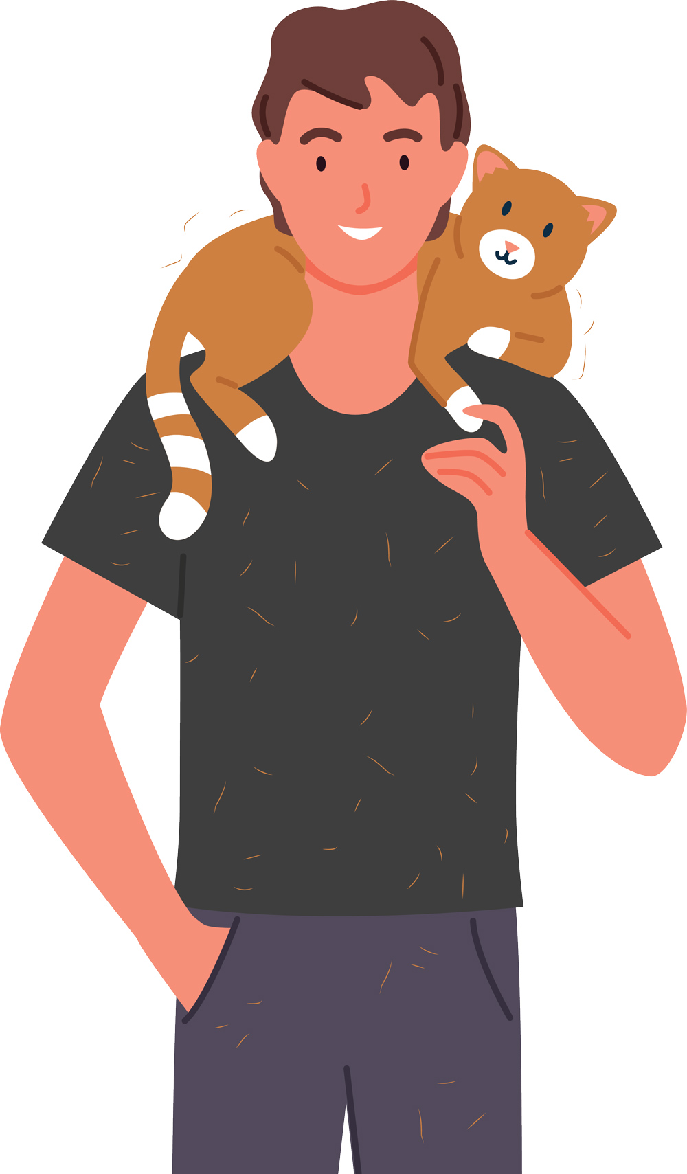 digital illustration of a man with a cat sitting on his shoulders and shedding hair