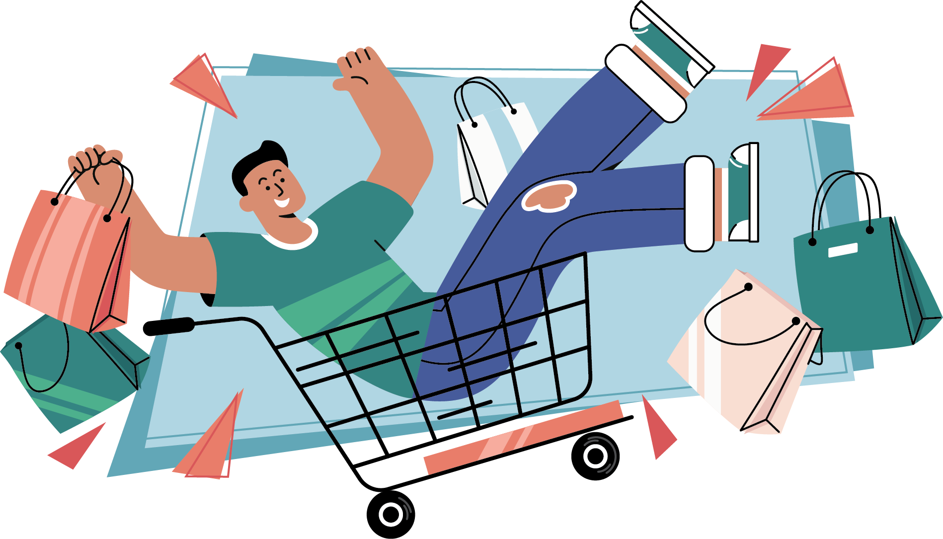 Illustration of person riding in shopping cart with shopping bags around them