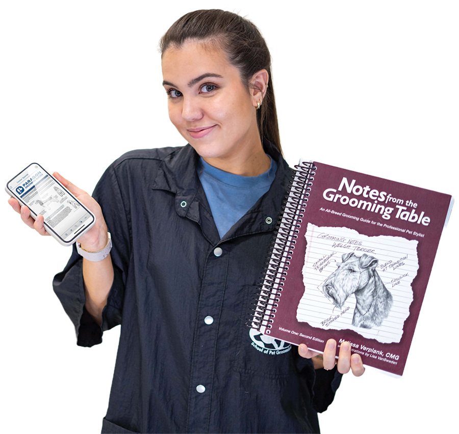 Woman grinning holding Notes from the Grooming Table spiral notebook and holding smartphone as the screen shows the companion interactive digital experience application
