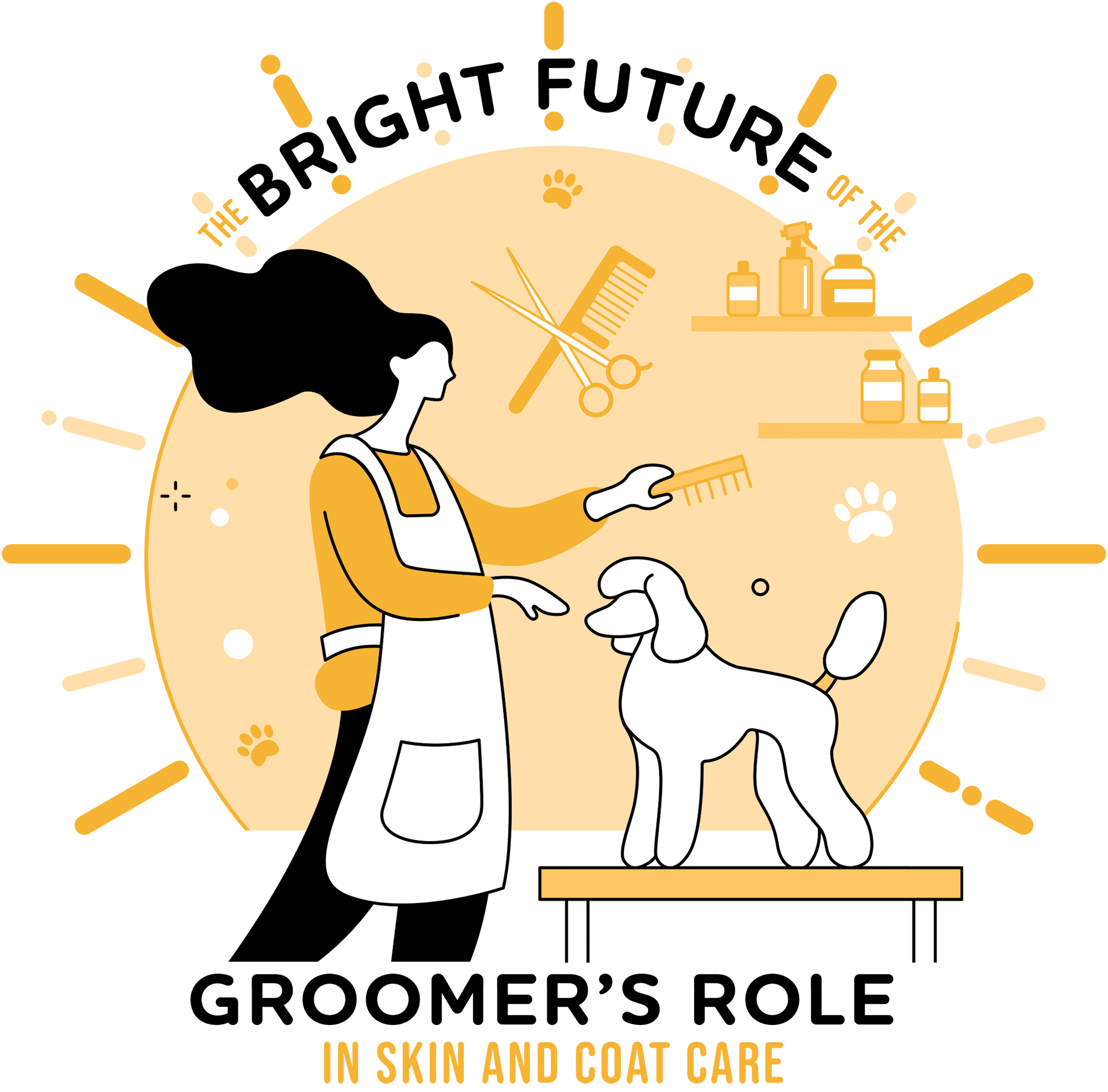 The bright future of the groomer's role in skin and coat care, title illustration of woman in apron brushing a poodle with a comb