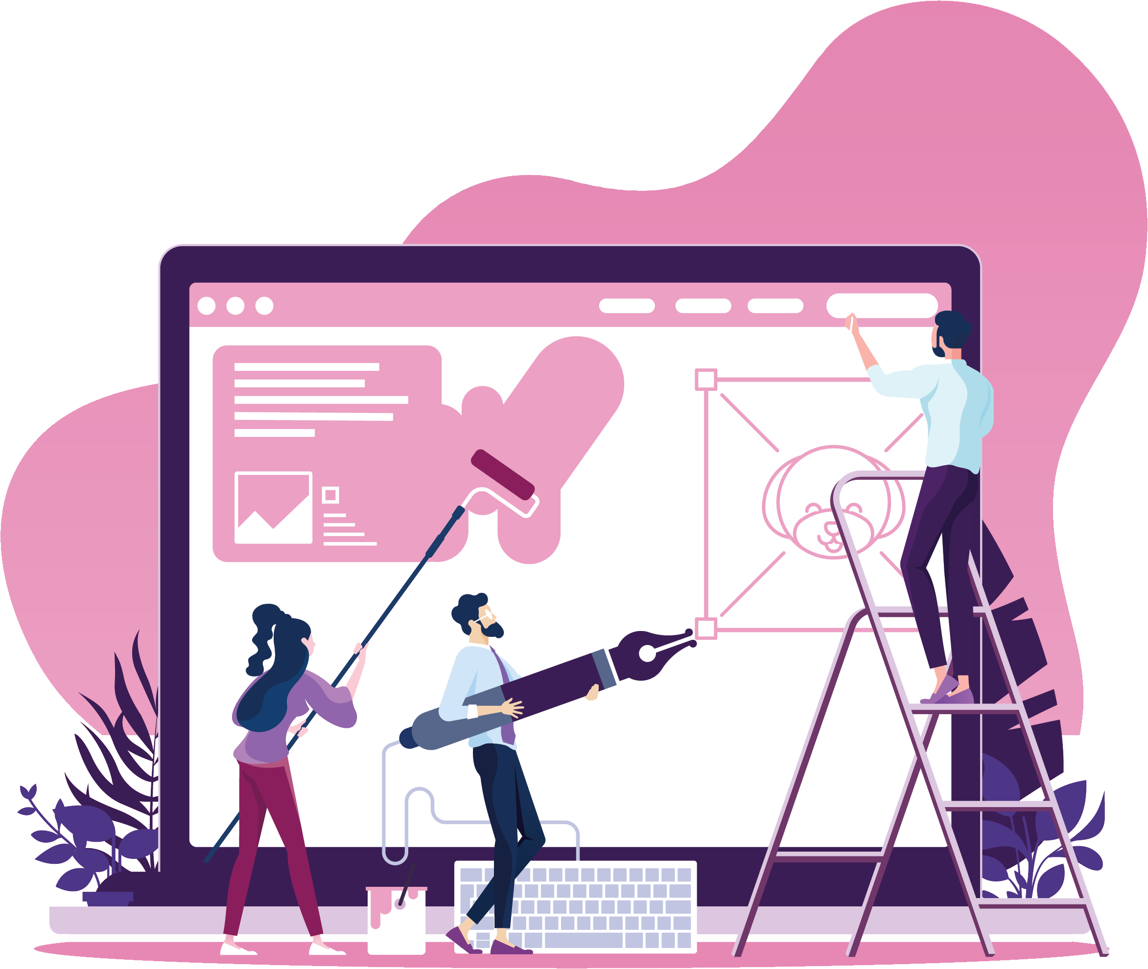 Abstract illustration of people restyling a website on a giant laptop