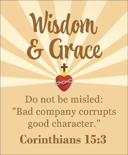 Wisdom & Grace bible verse (Corinthians 15:3) sentence with a red flamed heat floating in the air and brown cross symbol floating above the heart with nine ray beam sun shaped lights in the distance