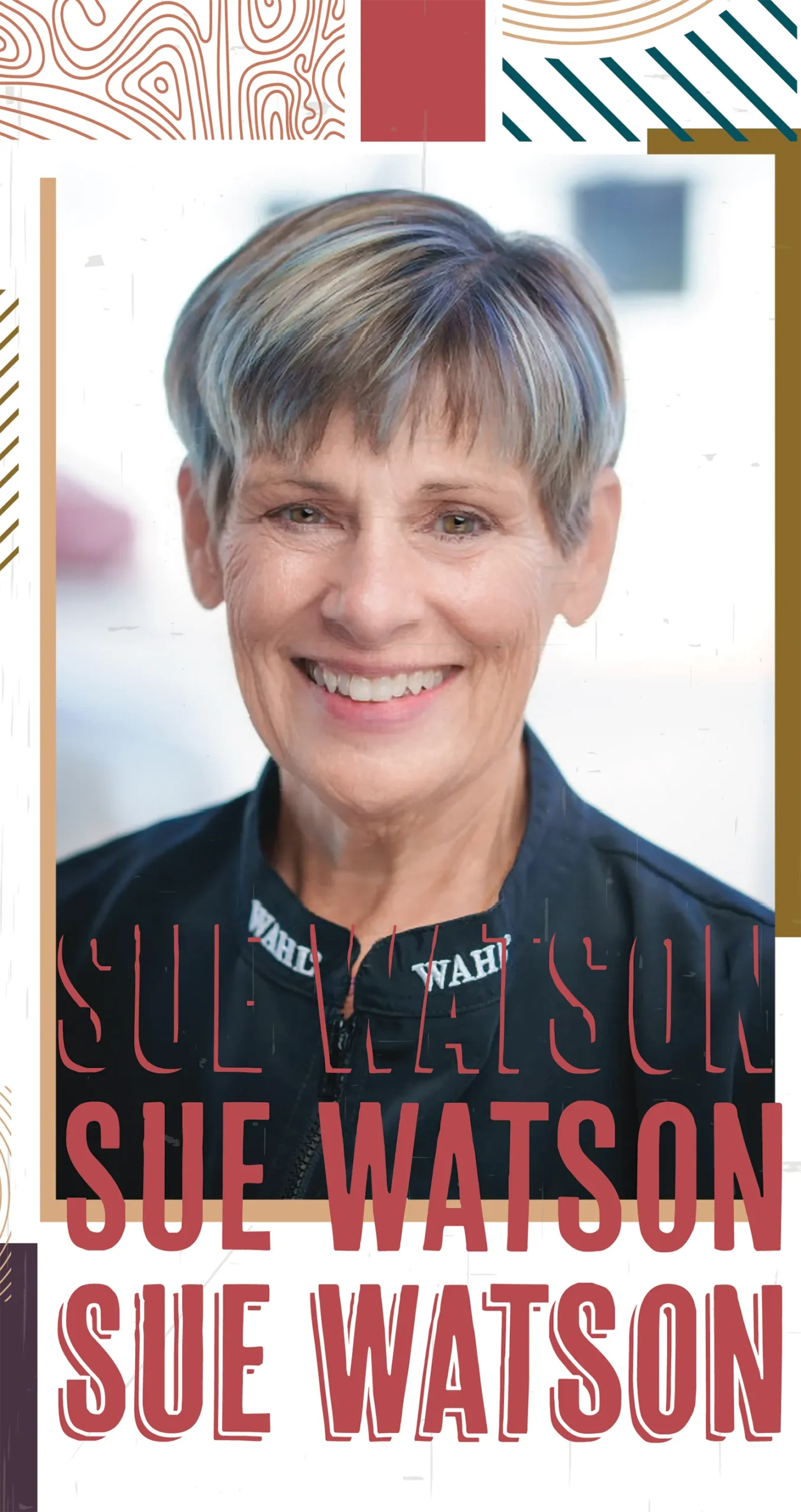 Sue Watson headshot and typographic title