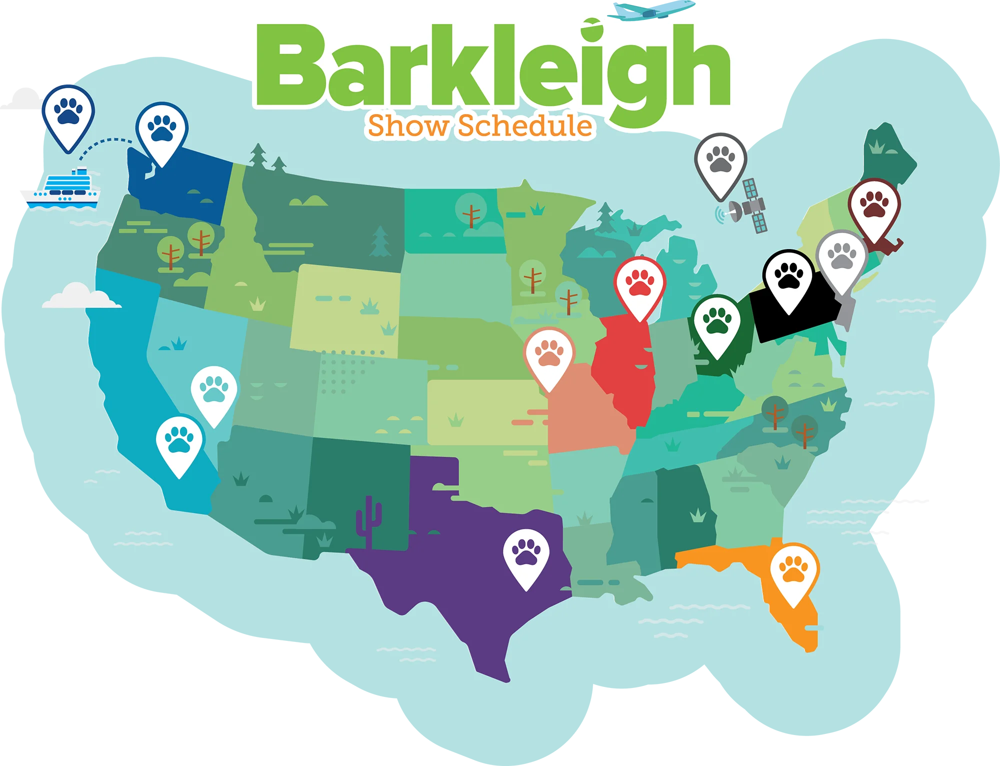 Barkleigh Show Schedule with colorful illustration of map of the united states