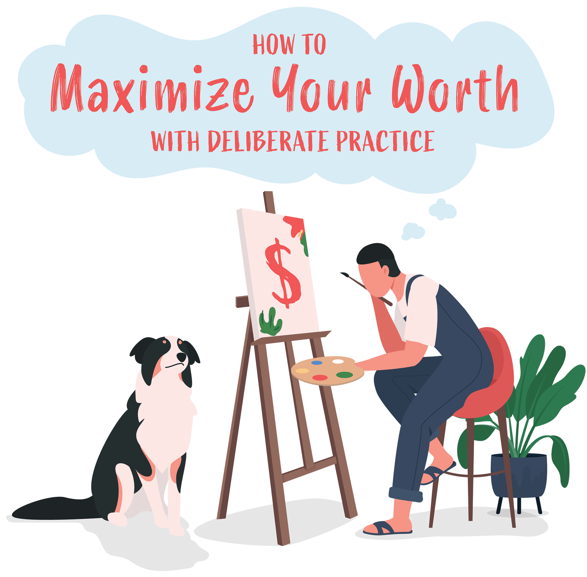 Illustration of artist sitting in front of an easel that has a dollar sign painted on it, a dog sitting next to the easel