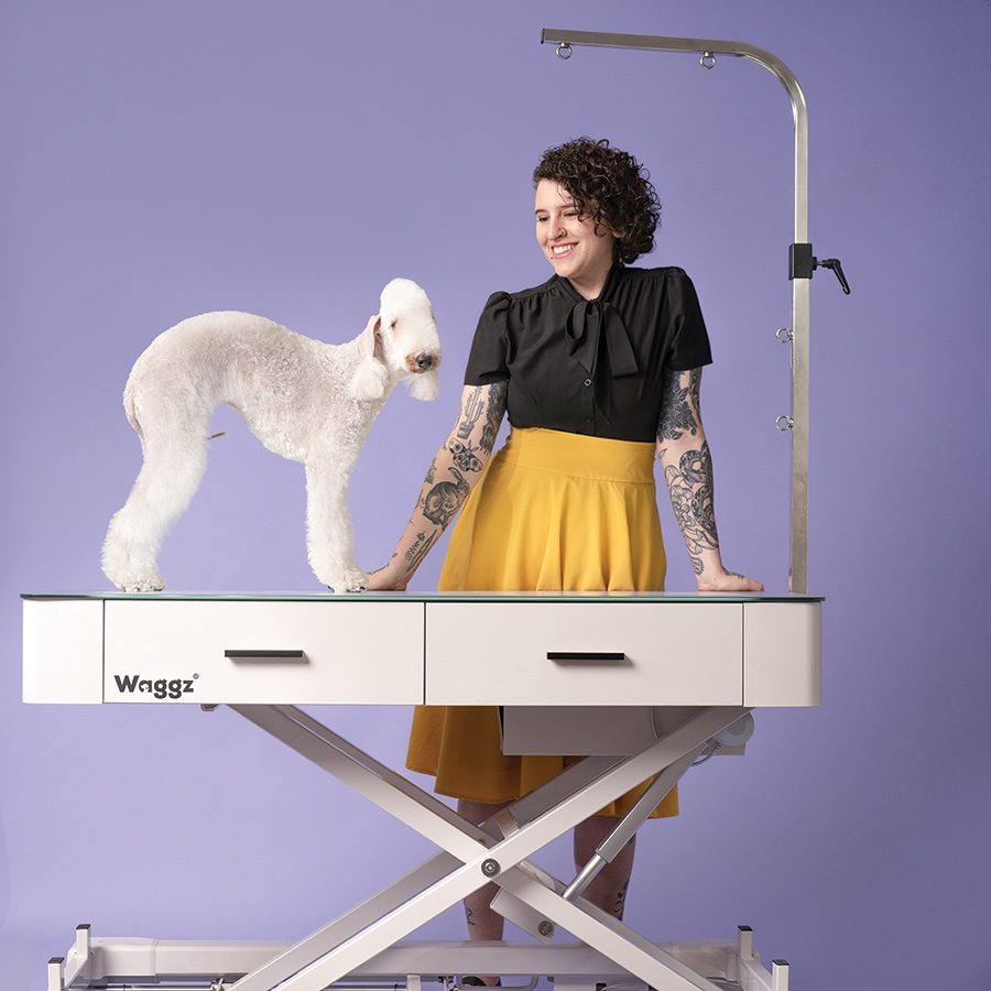 Woman smiling as she is glancing downward at a dog on the Waggz Roll-Bright LED Grooming Table product