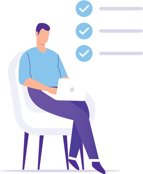 minimalist illustration of a  male figure sitting in a chair while holding a laptop, beside him floats a three item check list
