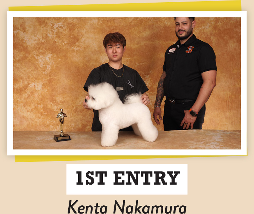 Kenta Nakamura posing with a dog and a trophy