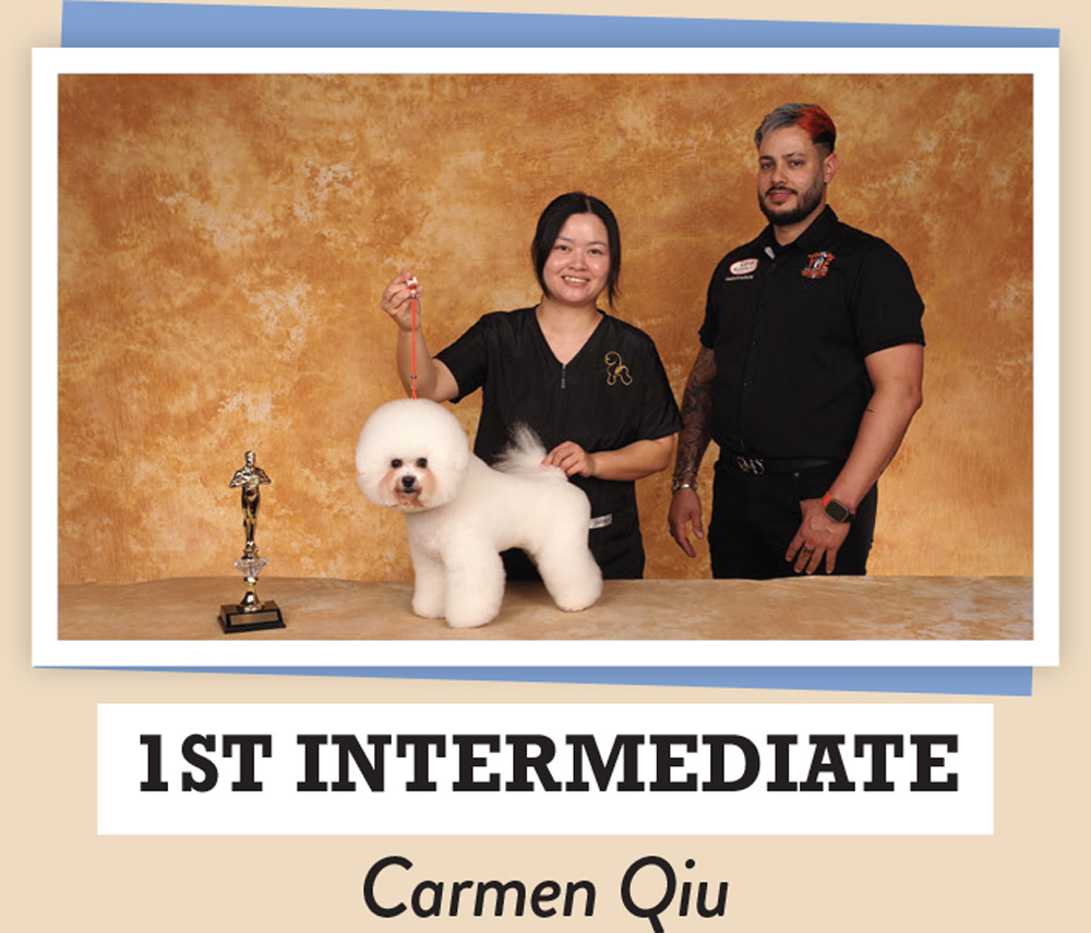 Carmen Qiu posing with a dog and a trophy
