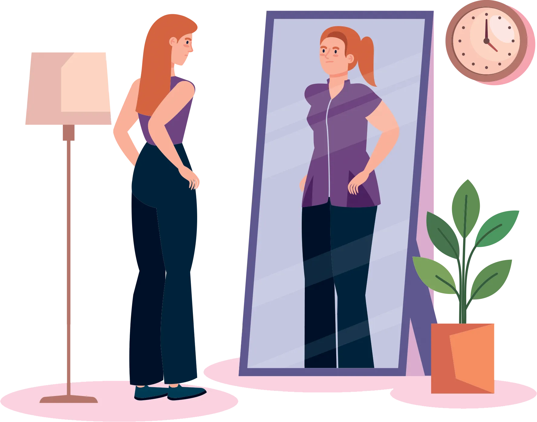 digital illustration of a woman looking in a mirror with the reflection wearing a different wardrobe