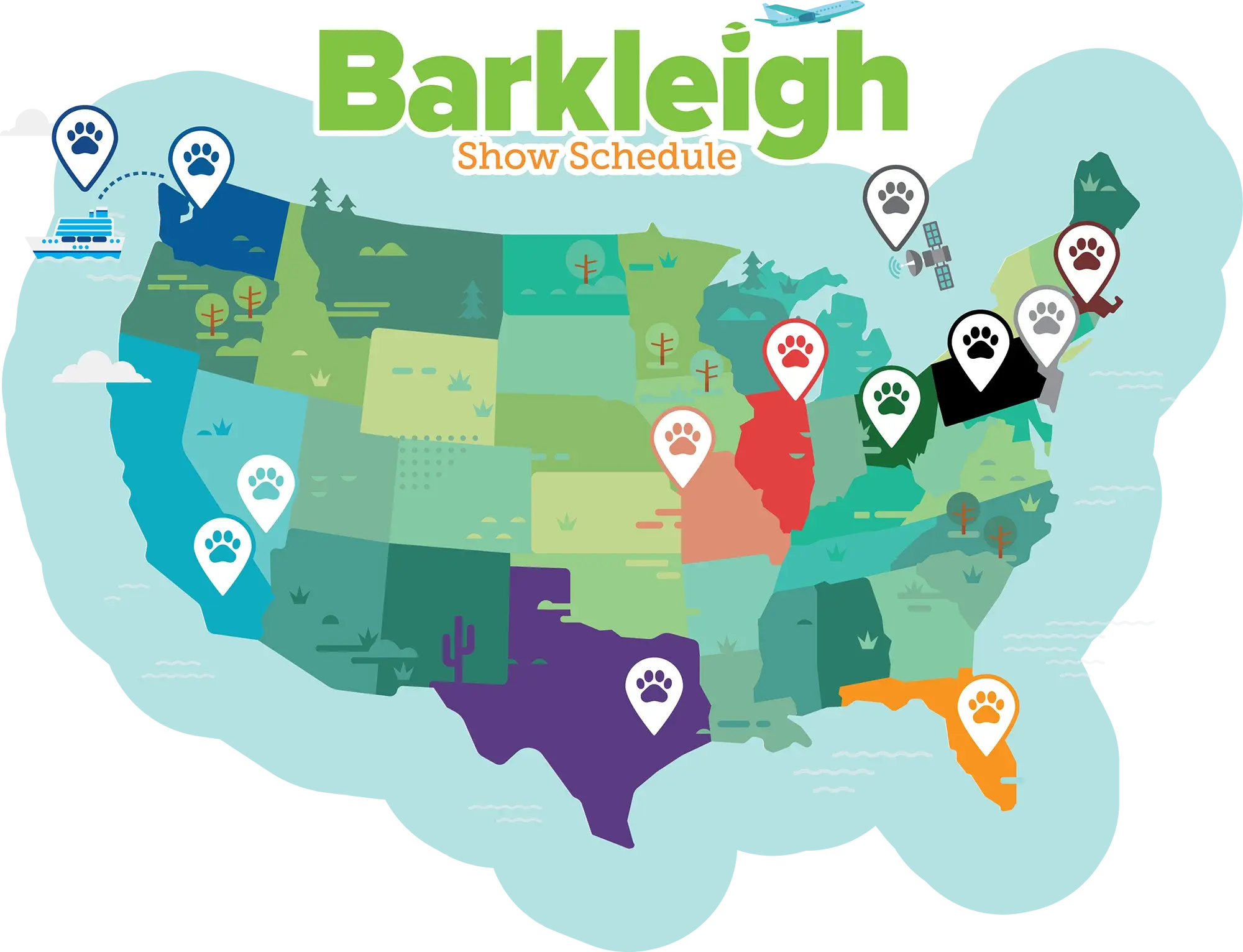 Barkleigh Show Schedule with colorful illustration of the United States of America map