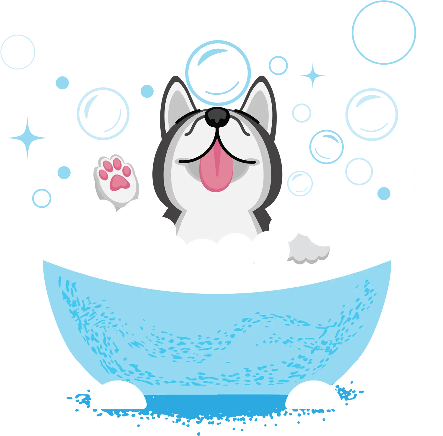 playful illustration of a Husky in a foam filled bathtub