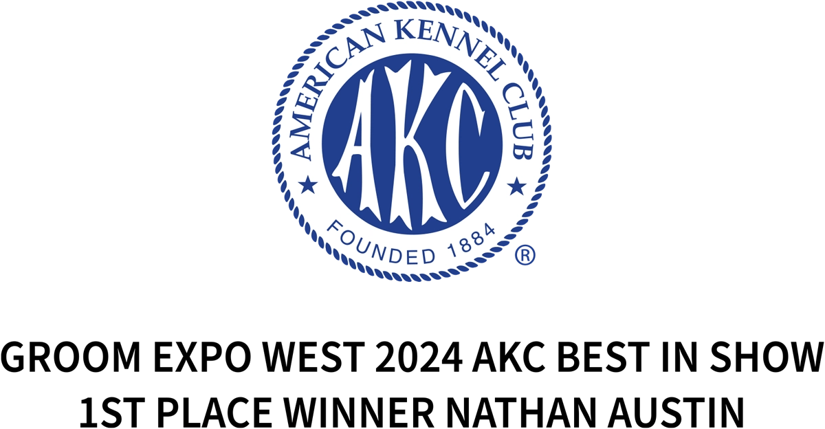 American Kennel Club seal; Groom Expo West 2024 AKC Best in Show 1st Place Winner Nathan Austin typography