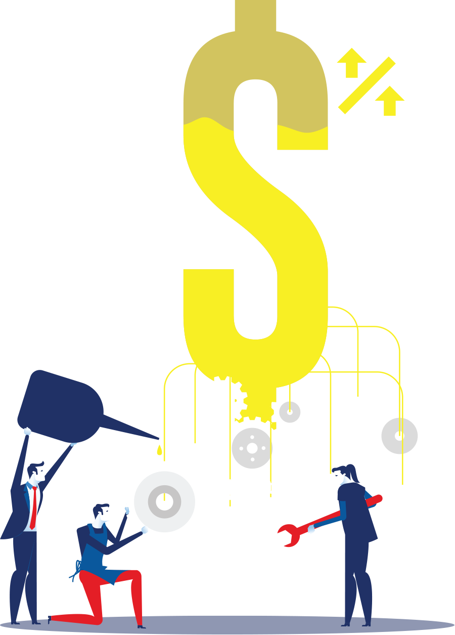 digital illustration of business group of 3 oiling gears with a dollar sign and upward arrows