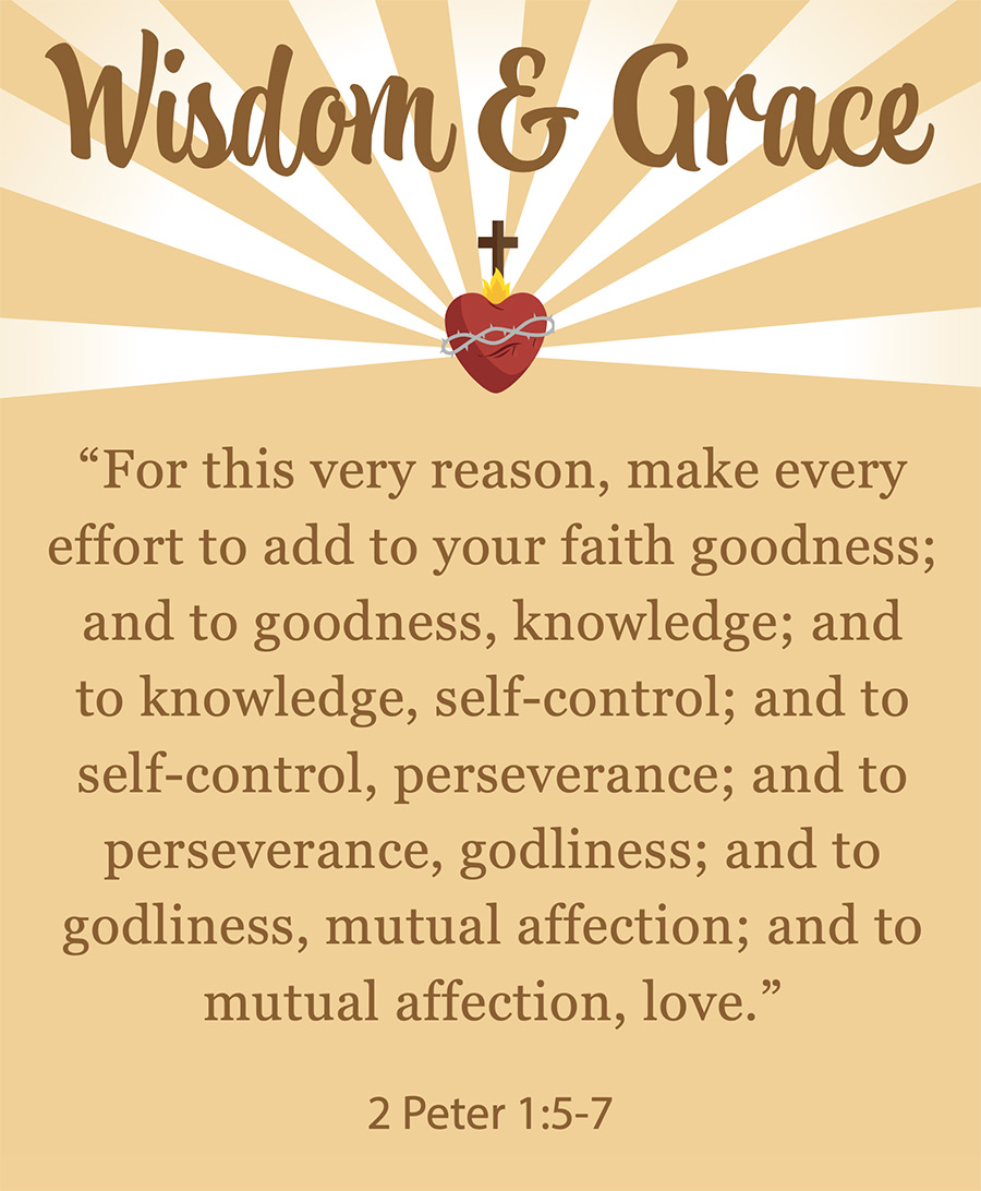 Wisdom & Grace bible verse (2 Peter 1:5-7) sentence with a red flamed heat floating in the air and brown cross symbol floating above the heart with nine ray beam sun shaped lights in the distance