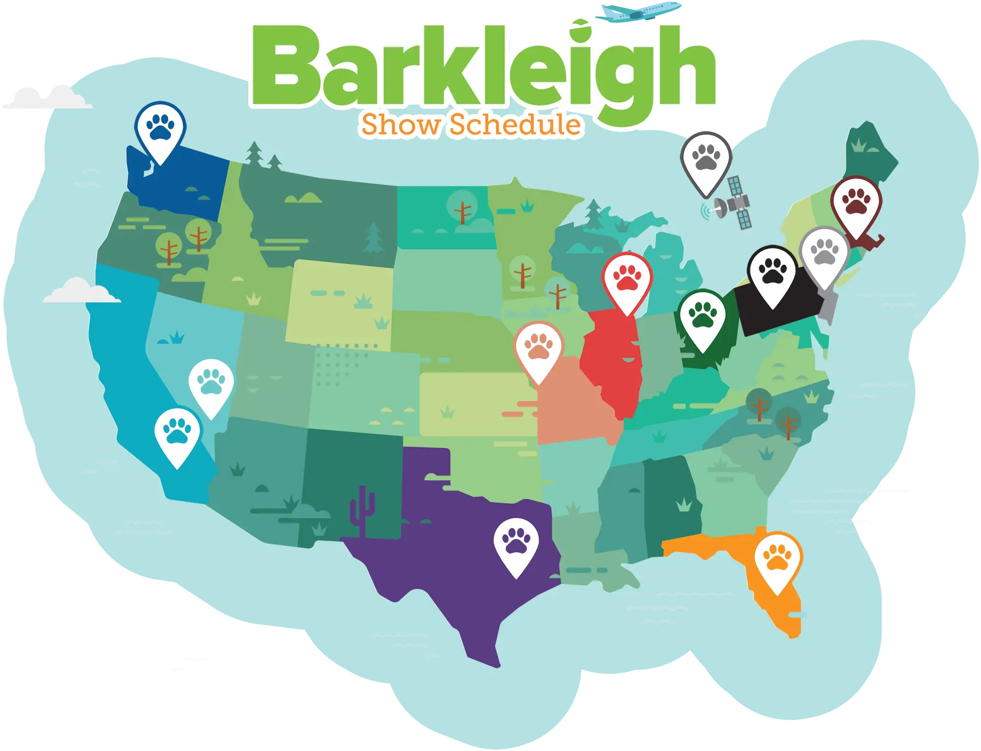 Barkleigh Show Schedule with colorful illustration of the United States of America map