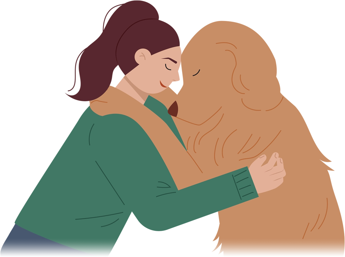 vector illustration of a woman and a Golden Retriever resting their foreheads together with their eye closed in an embrace