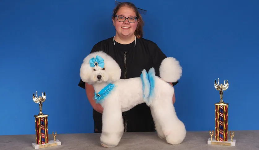 A woman in a black outfit holding a white poodle with blue accessories, including a bow and fur decorations, with two colorful trophies on a table, against a blue background.