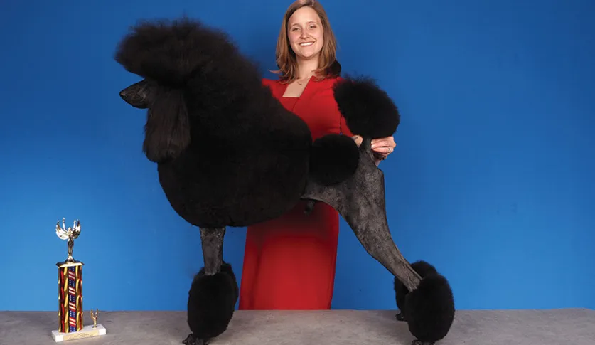 A woman in a red dress holding a large black poodle with an elaborate groom, with a colorful trophy on the table, against a blue background.