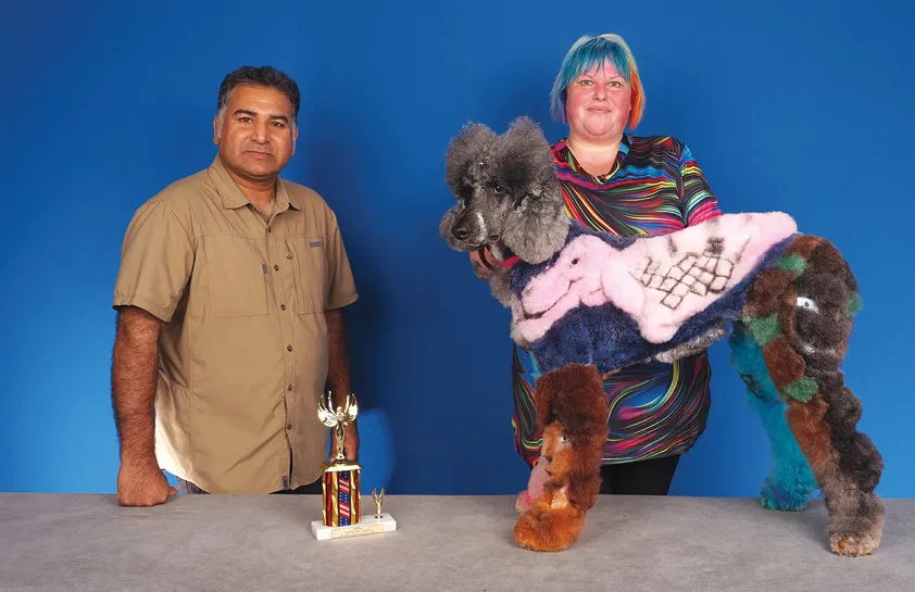 A man in a beige shirt and a woman with colorful hair in a striped shirt holding a large poodle with a creative multicolored groom, featuring intricate designs, with a colorful trophy on the table, against a blue background.