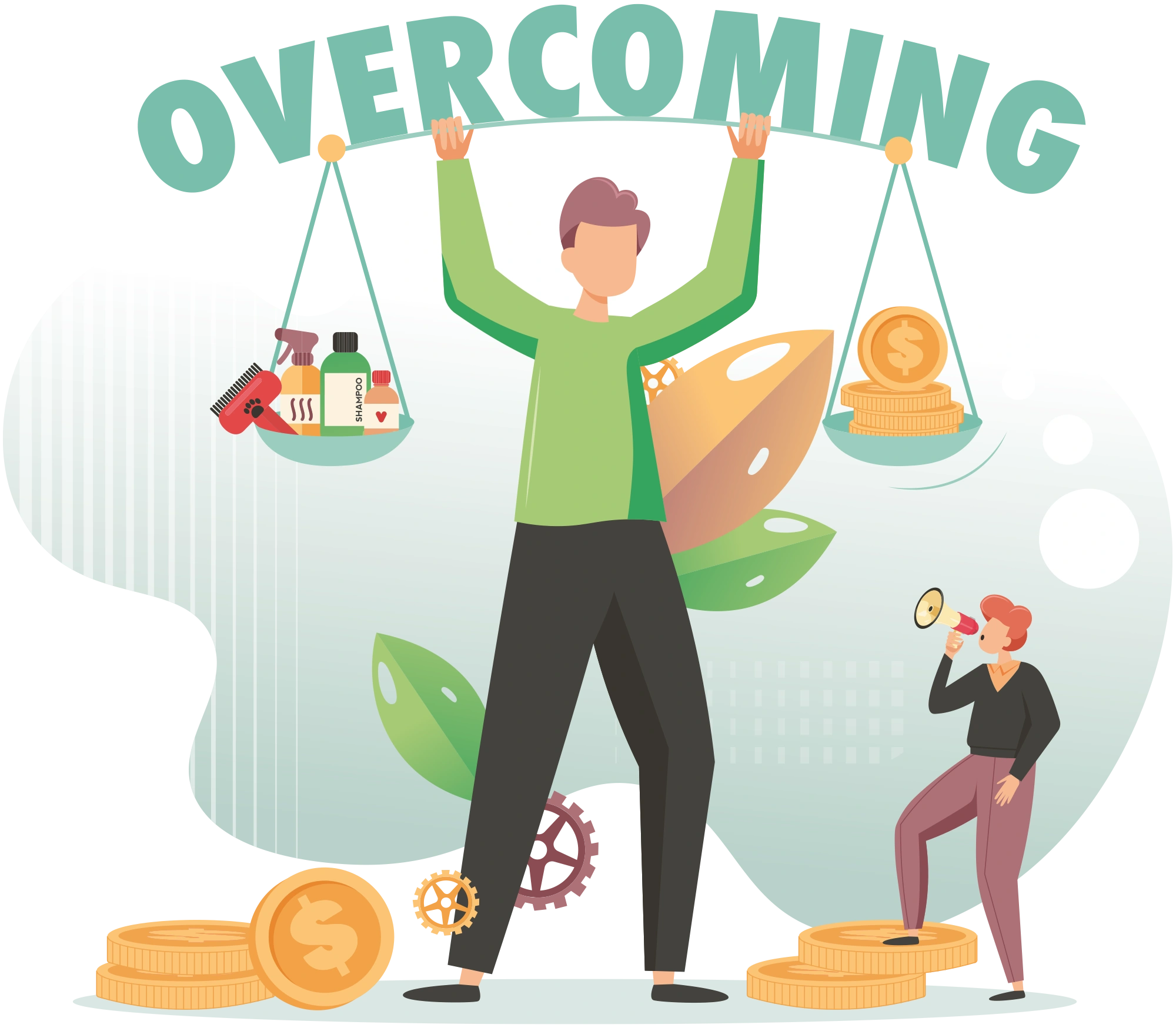 illustration of man holding scale that's balancing money and grooming supplies above his head with 'Overcoming' typography floating above 