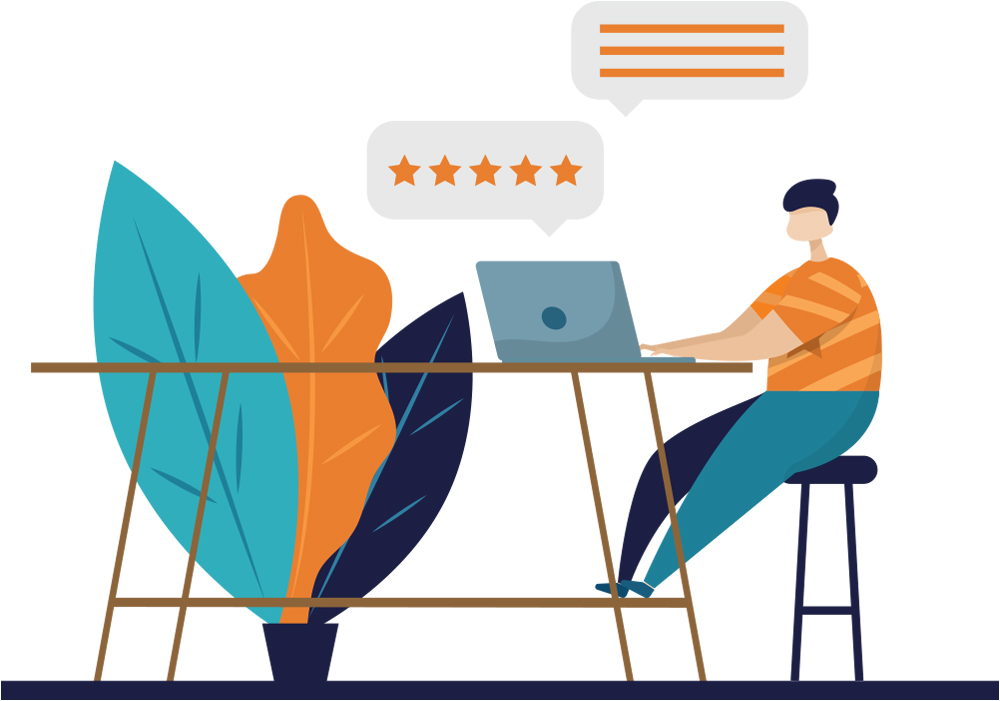 minimalist vector illustration of a figure sitting at a table working on a laptop, beside the figure floats speech bubbles with review stars and text lines