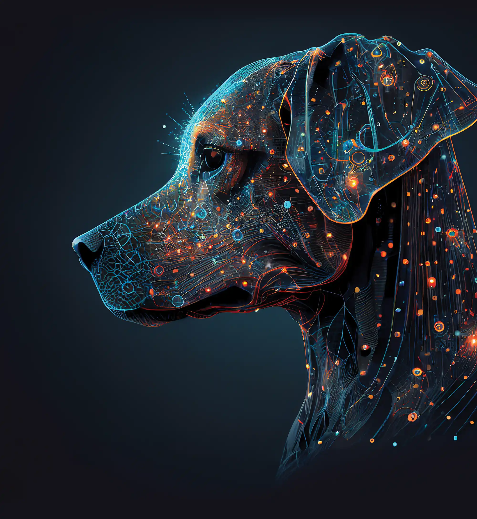 profile view of a dog's head composed of luminous dots, creating a captivating and vibrant visual effect