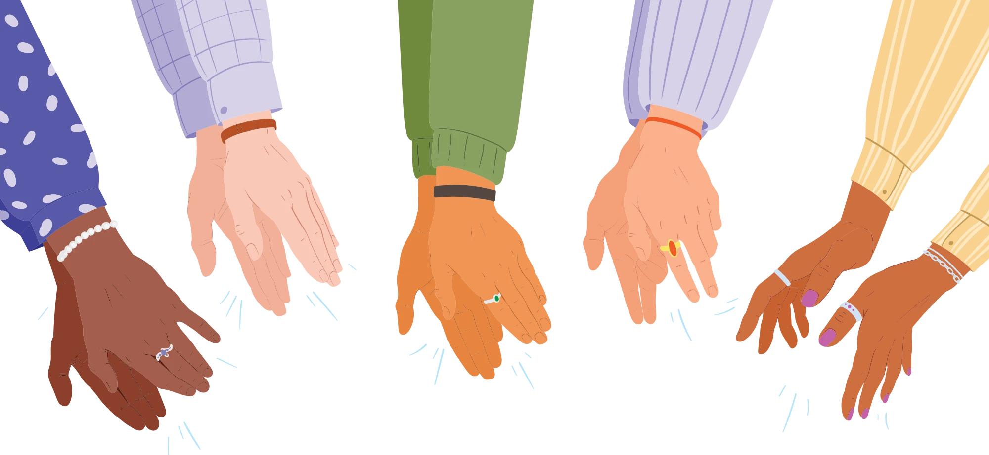 Six diverse hands appear poised to clap against a white background.