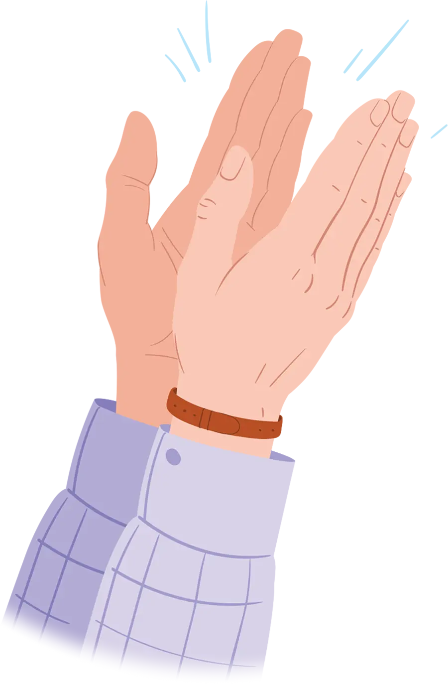 Illustration of a pair hands clapping, wearing a blue checkered shirt and a brown watch.