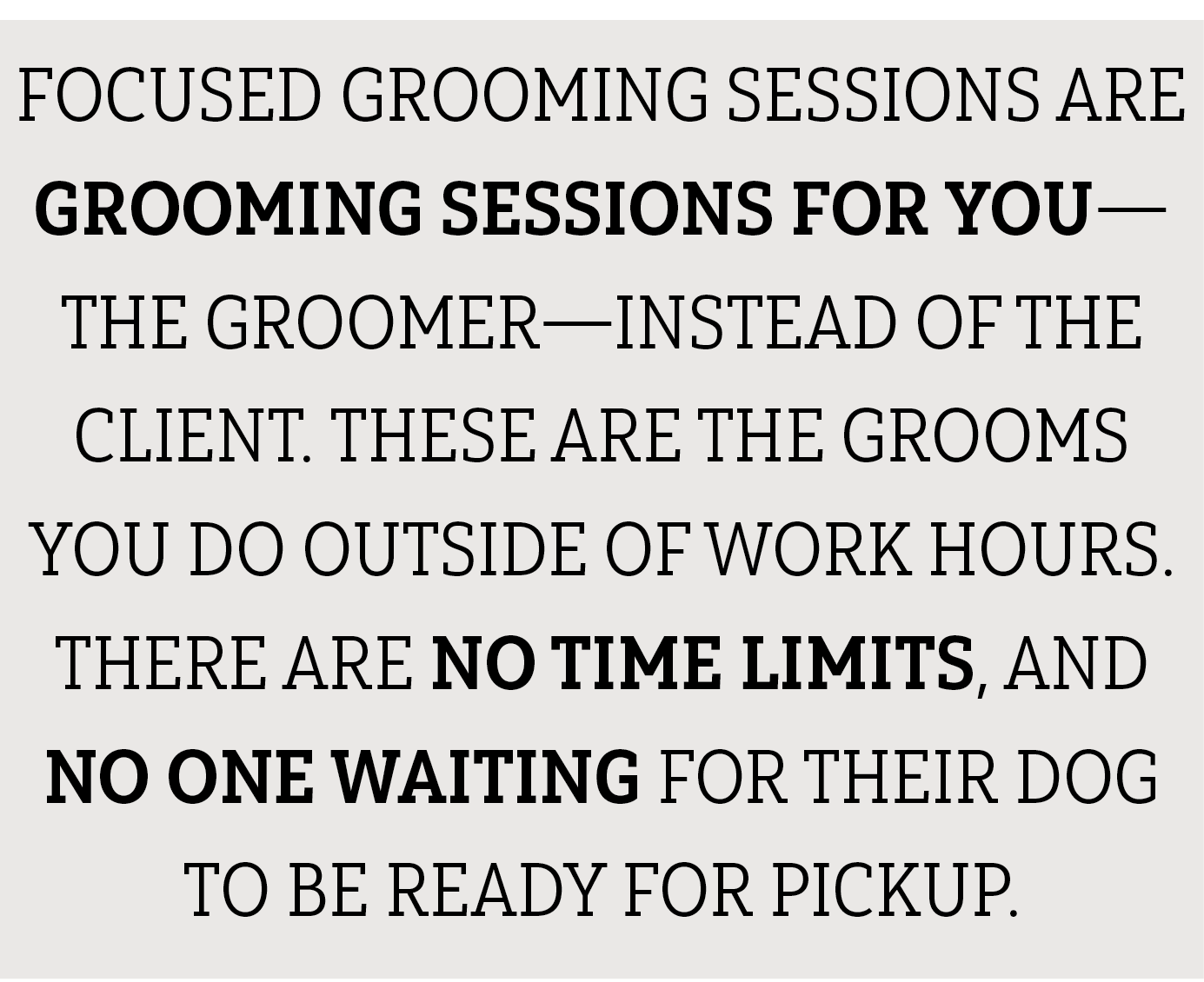 Text on a taupe background reads, "Focused grooming sessions are grooming sessions for you—the groomer—instead of the client. These are the grooms you do outside of work hours. There are no time limits, and no one waiting for their dog to be ready for pickup." Bolded words emphasize "grooming sessions for you," "no time limits," and "no one waiting."