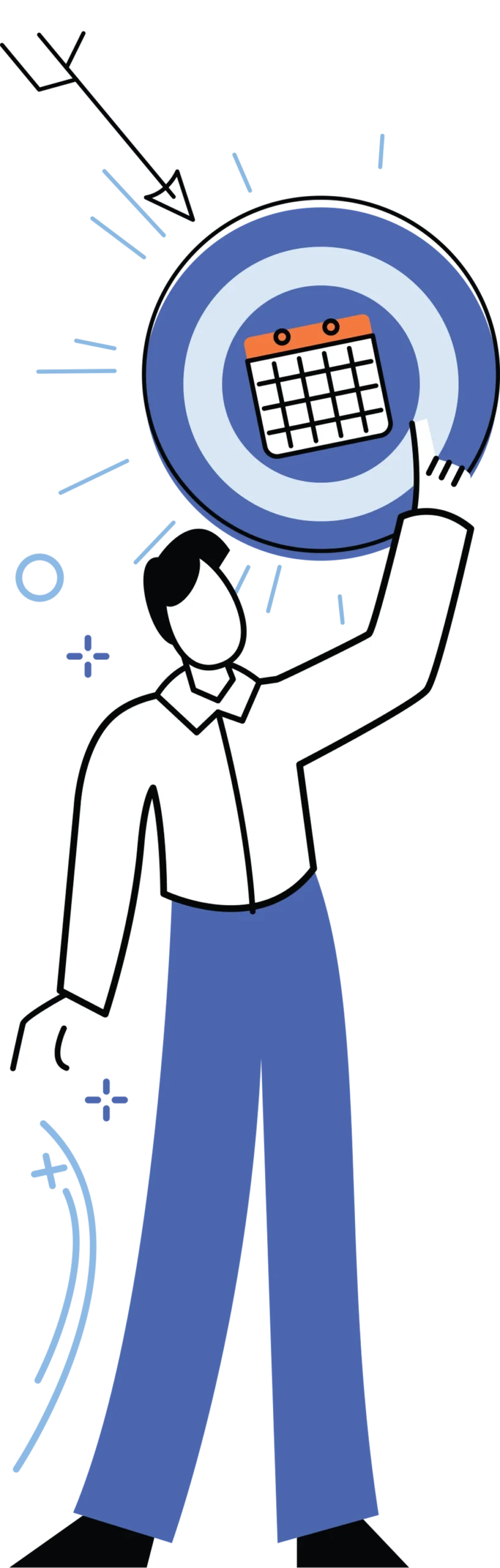 vector image of a man pointing to a blue bullseye with a calendar in the middle