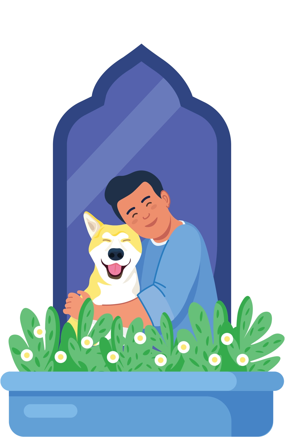 illustration of a figure hugging a dog while standing in window featuring a middle eastern styled arched frame 