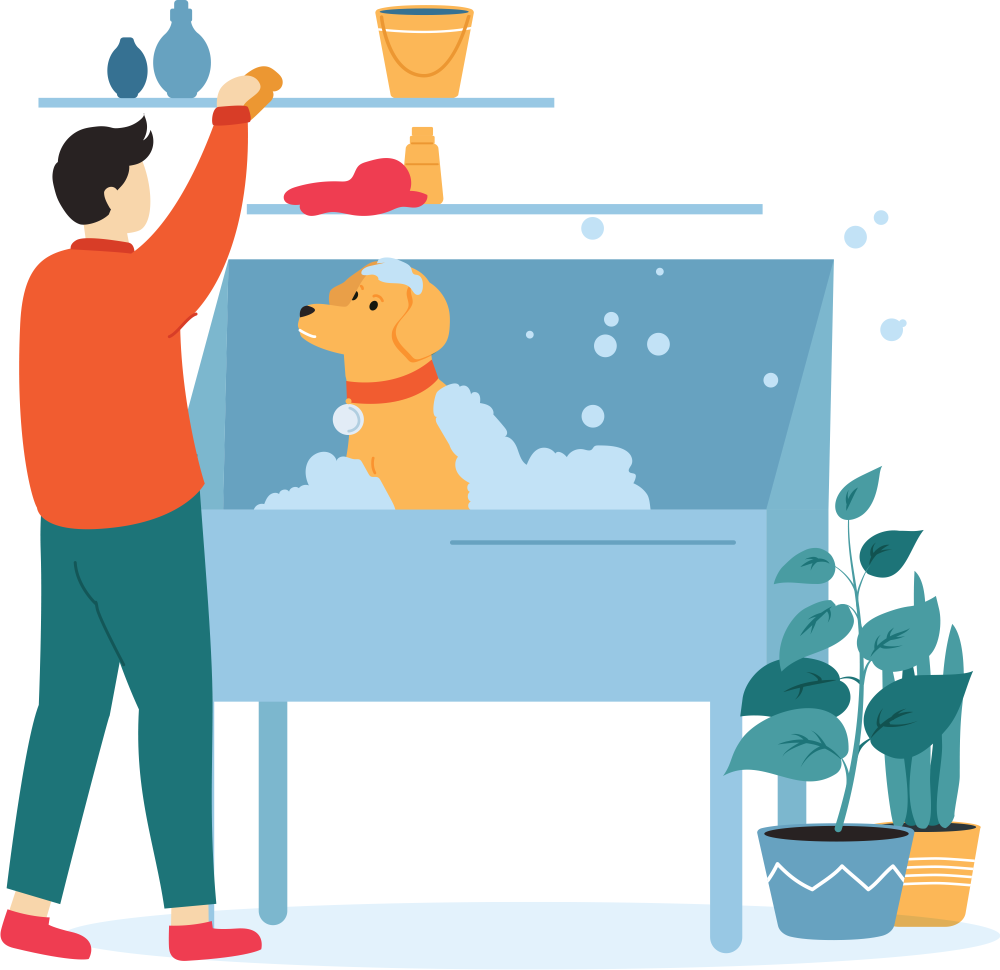 digital illustration of man grabbing sponge on shelf above dog in self washing tub