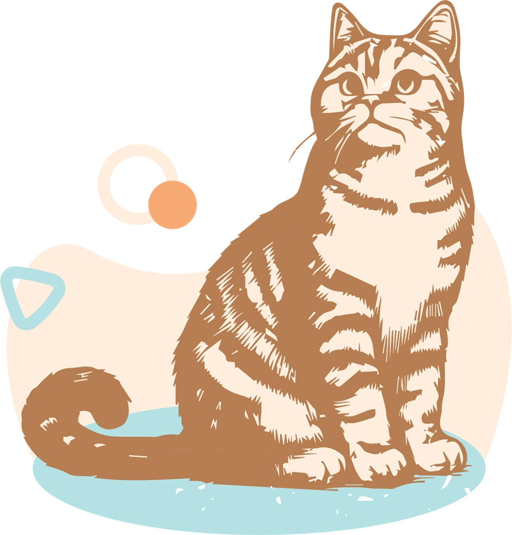 Illustration of a sitting cat with a striped pattern and abstract shapes in the background.